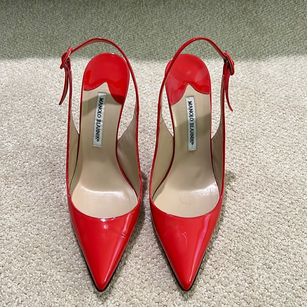 Manolo Blahnik red patent leather slingback 4.5” heels.